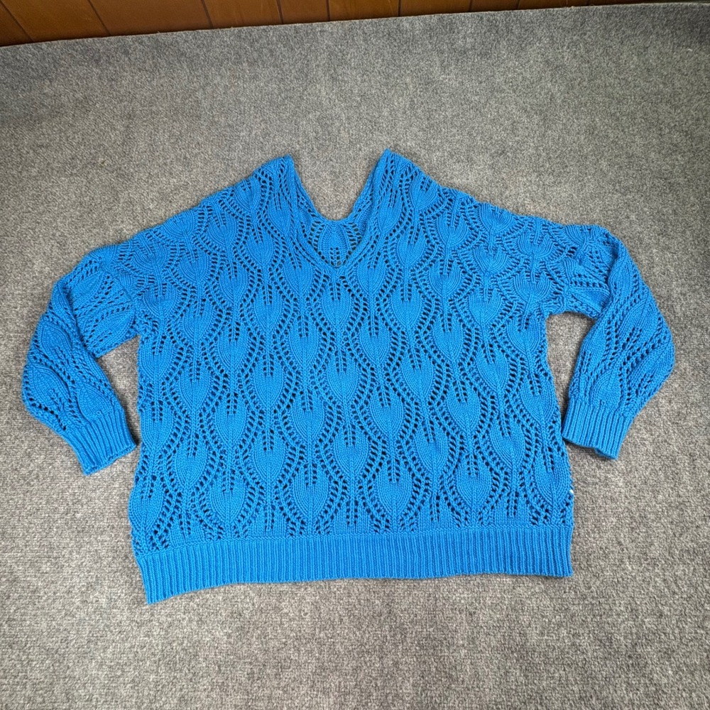 Boho Y2K Coastal Sweater Women XL Blue Open Knit Resort Cottagecore Artsy Retro